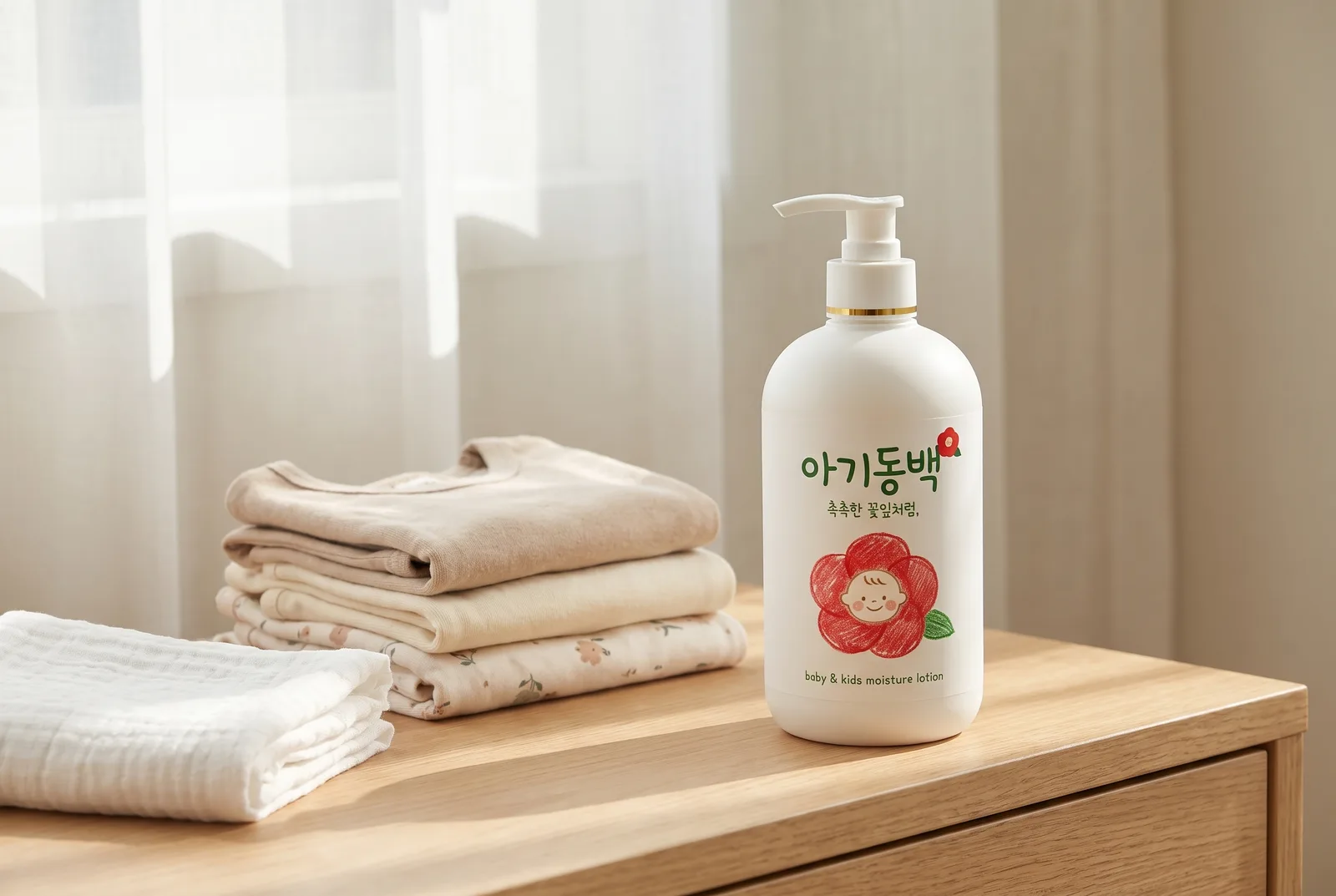 아기방 서랍장 위의 아기동백 대용량 로션 500ml